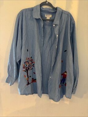 Bechamel Light Blue Cotton Button-Down Shirt with Autumn Embroidery